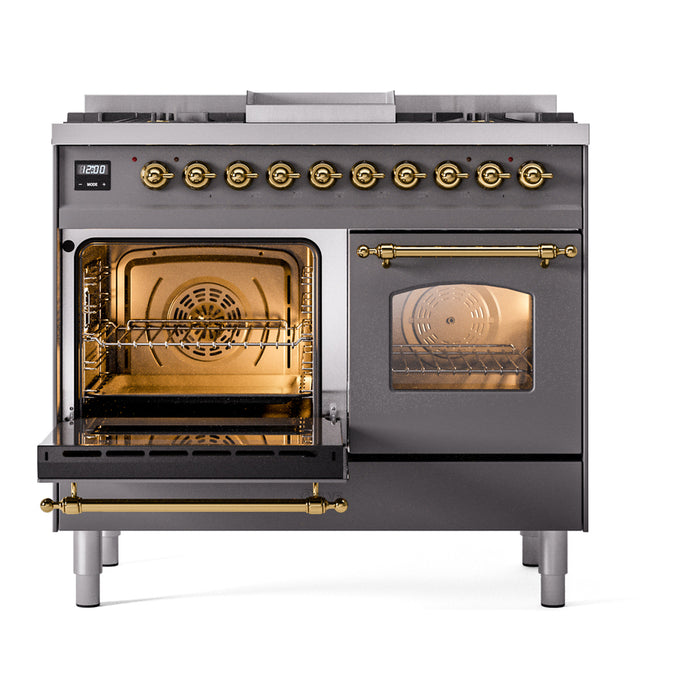Ilve UPD40FNMPMGG 40 in Nostalgie II Dual Fuel Range, Double Oven, 6 Burners + Griddle, Graphite Matte, Brass, NG