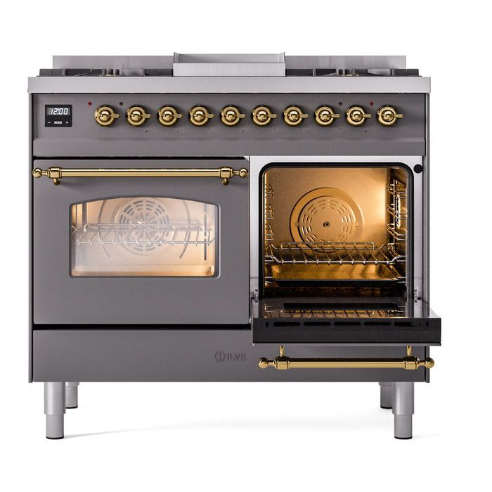 Ilve UPD40FNMPMGG 40 in Nostalgie II Dual Fuel Range, Double Oven, 6 Burners + Griddle, Graphite Matte, Brass, NG