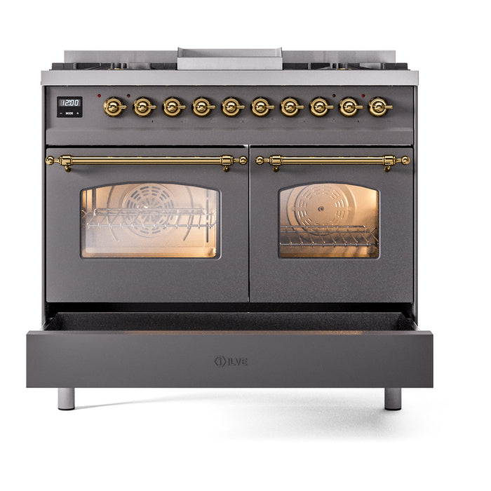 Ilve UPD40FNMPMGG 40 in Nostalgie II Dual Fuel Range, Double Oven, 6 Burners + Griddle, Graphite Matte, Brass, NG