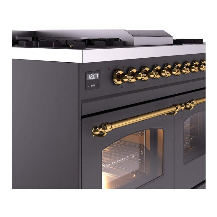 Ilve UPD40FNMPMGG 40 in Nostalgie II Dual Fuel Range, Double Oven, 6 Burners + Griddle, Graphite Matte, Brass, NG