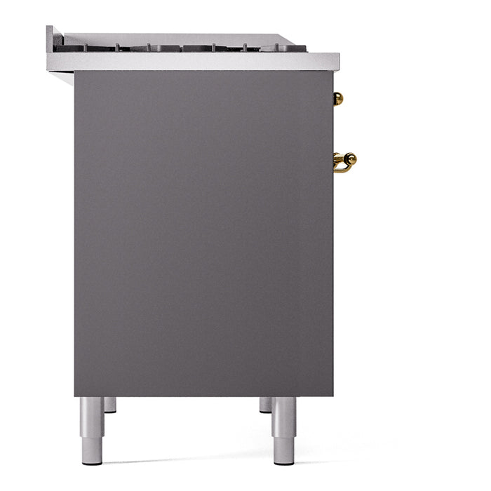 Ilve UPD40FNMPMGG 40 in Nostalgie II Dual Fuel Range, Double Oven, 6 Burners + Griddle, Graphite Matte, Brass, NG