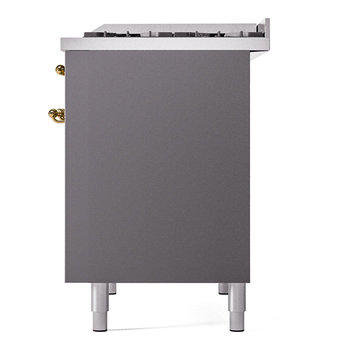 Ilve UPD40FNMPMGG 40 in Nostalgie II Dual Fuel Range, Double Oven, 6 Burners + Griddle, Graphite Matte, Brass, NG