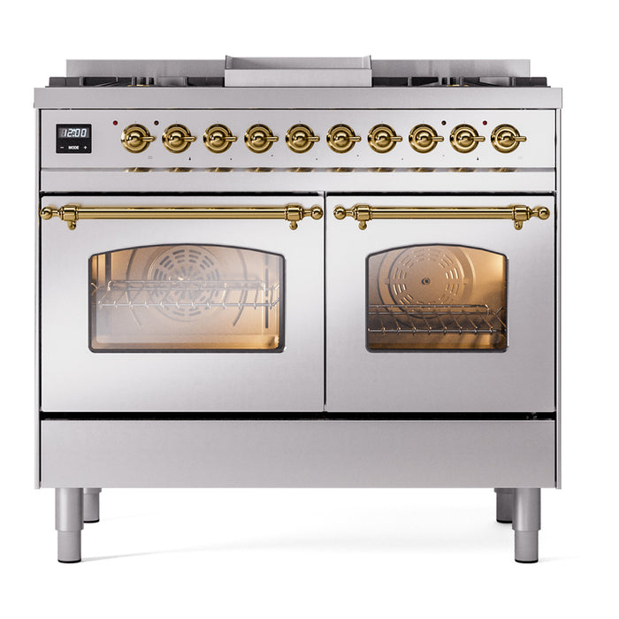 Ilve UPD40FNMPSSGLP 40 in Nostalgie II Dual Fuel Range, 6 Burners, Griddle, Double Oven, Stainless Steel, Brass, LP Gas