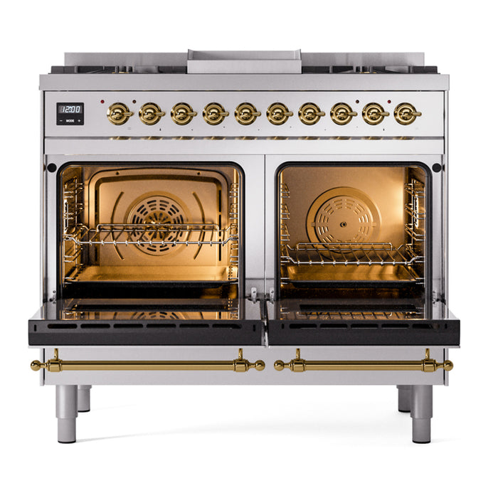 Ilve UPD40FNMPSSGLP 40 in Nostalgie II Dual Fuel Range, 6 Burners, Griddle, Double Oven, Stainless Steel, Brass, LP Gas