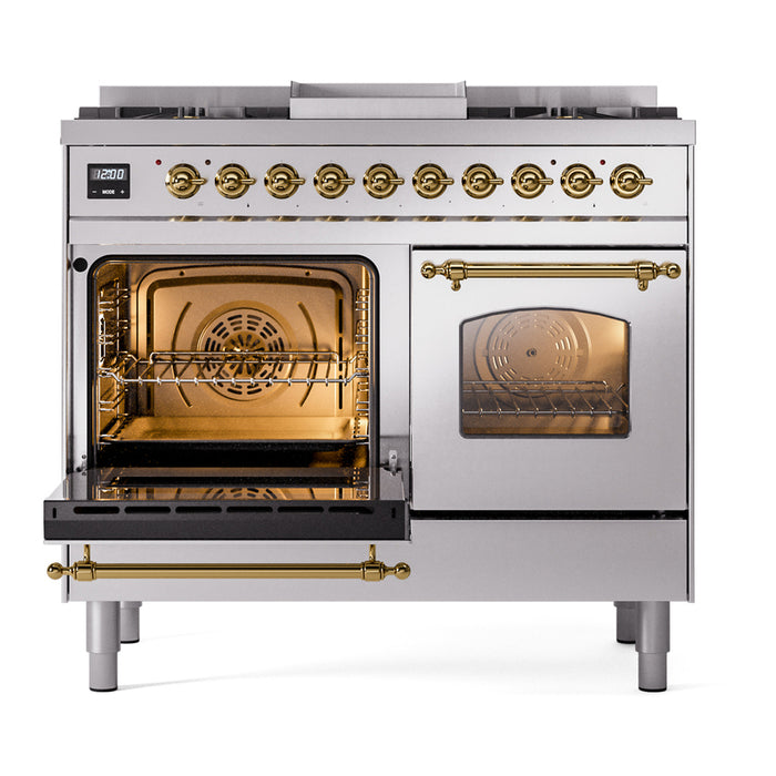 Ilve UPD40FNMPSSGLP 40 in Nostalgie II Dual Fuel Range, 6 Burners, Griddle, Double Oven, Stainless Steel, Brass, LP Gas