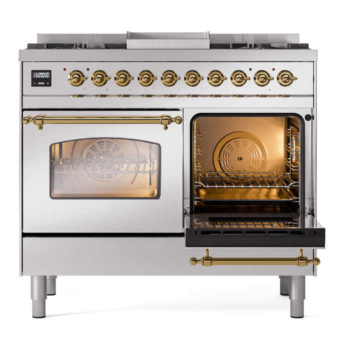 Ilve UPD40FNMPSSGLP 40 in Nostalgie II Dual Fuel Range, 6 Burners, Griddle, Double Oven, Stainless Steel, Brass, LP Gas
