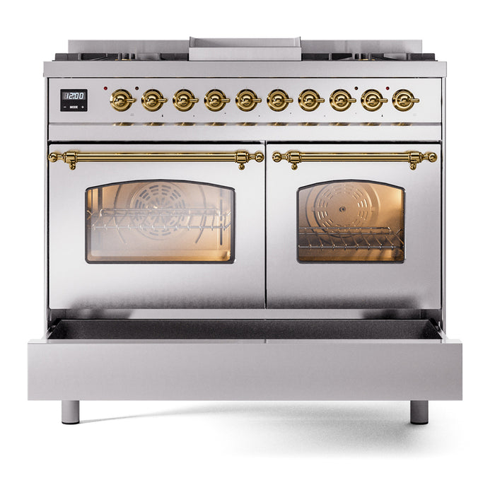 Ilve UPD40FNMPSSGLP 40 in Nostalgie II Dual Fuel Range, 6 Burners, Griddle, Double Oven, Stainless Steel, Brass, LP Gas