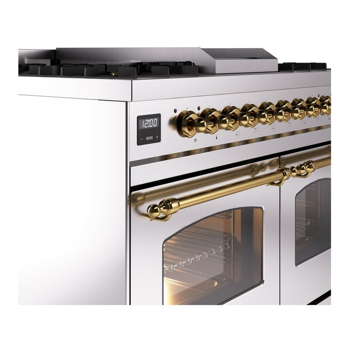 Ilve UPD40FNMPSSGLP 40 in Nostalgie II Dual Fuel Range, 6 Burners, Griddle, Double Oven, Stainless Steel, Brass, LP Gas