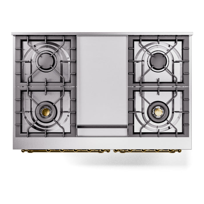 Ilve UPD40FNMPSSGLP 40 in Nostalgie II Dual Fuel Range, 6 Burners, Griddle, Double Oven, Stainless Steel, Brass, LP Gas