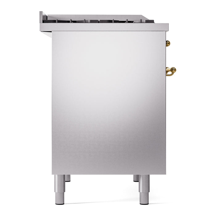 Ilve UPD40FNMPSSGLP 40 in Nostalgie II Dual Fuel Range, 6 Burners, Griddle, Double Oven, Stainless Steel, Brass, LP Gas