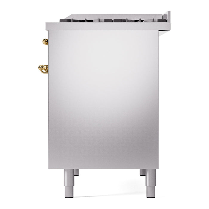 Ilve UPD40FNMPSSGLP 40 in Nostalgie II Dual Fuel Range, 6 Burners, Griddle, Double Oven, Stainless Steel, Brass, LP Gas