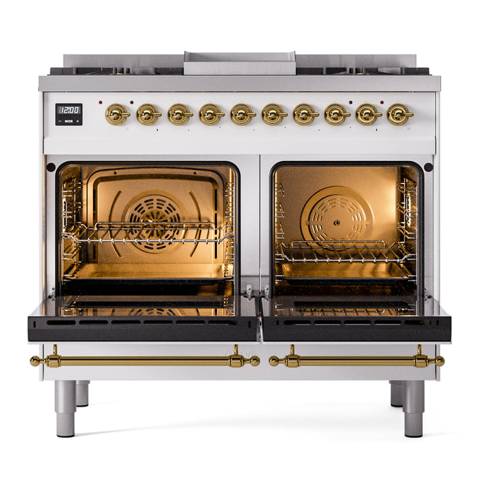 Ilve UPD40FNMPWHG 40 in Nostalgie II Dual Fuel Range, 6 Burners, Griddle, Double Oven, White, Brass, NG