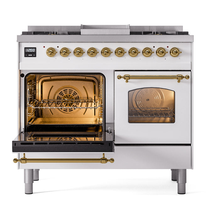 Ilve UPD40FNMPWHG 40 in Nostalgie II Dual Fuel Range, 6 Burners, Griddle, Double Oven, White, Brass, NG