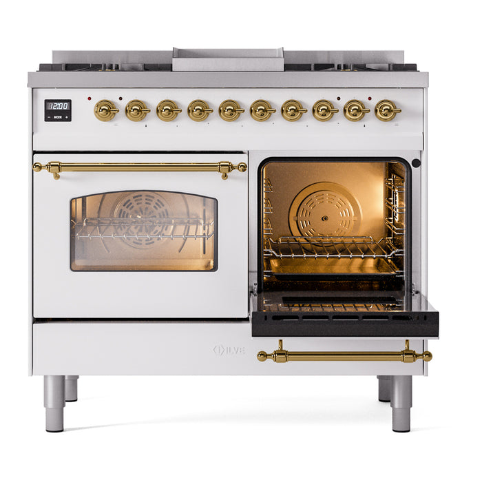 Ilve UPD40FNMPWHG 40 in Nostalgie II Dual Fuel Range, 6 Burners, Griddle, Double Oven, White, Brass, NG