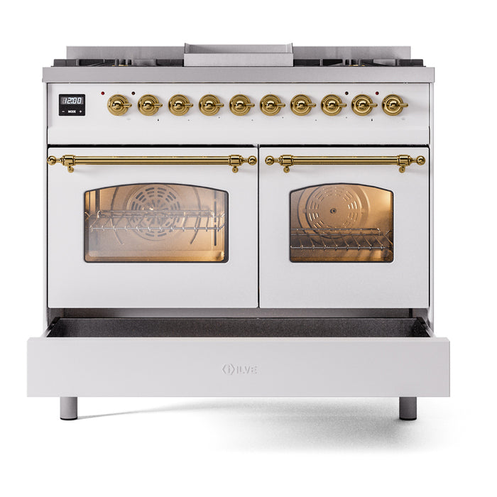 Ilve UPD40FNMPWHG 40 in Nostalgie II Dual Fuel Range, 6 Burners, Griddle, Double Oven, White, Brass, NG