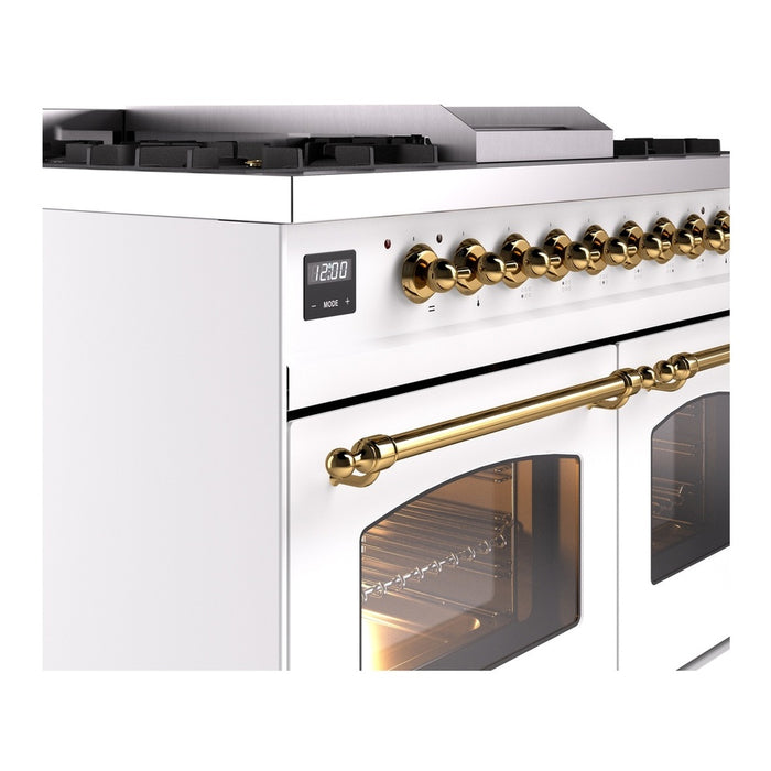 Ilve UPD40FNMPWHG 40 in Nostalgie II Dual Fuel Range, 6 Burners, Griddle, Double Oven, White, Brass, NG