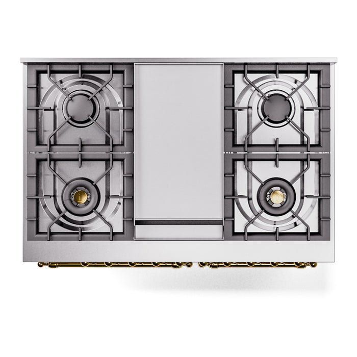 Ilve UPD40FNMPWHG 40 in Nostalgie II Dual Fuel Range, 6 Burners, Griddle, Double Oven, White, Brass, NG