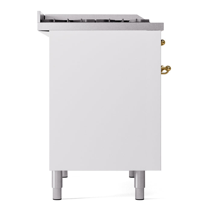 Ilve UPD40FNMPWHG 40 in Nostalgie II Dual Fuel Range, 6 Burners, Griddle, Double Oven, White, Brass, NG