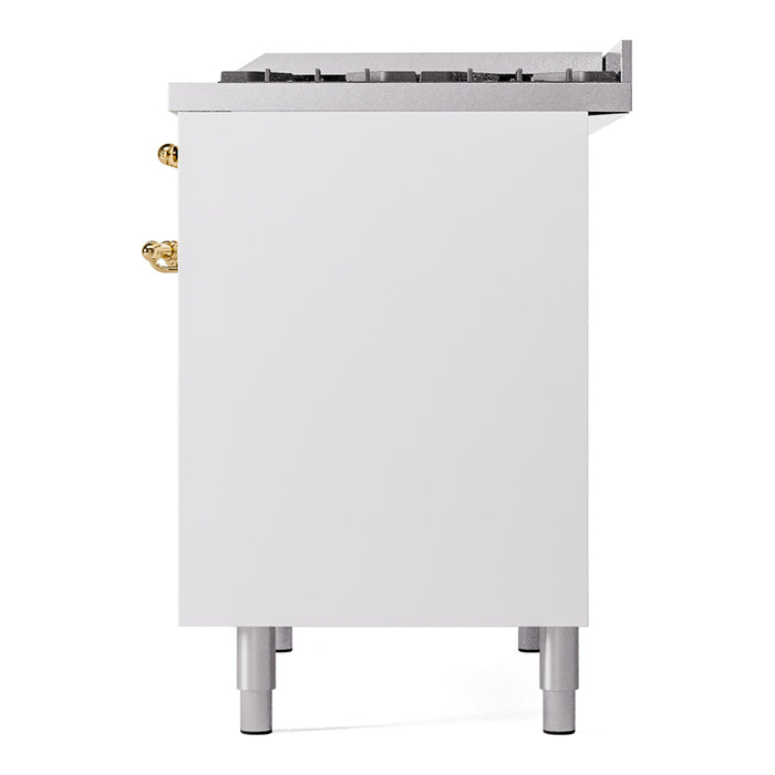 Ilve UPD40FNMPWHG 40 in Nostalgie II Dual Fuel Range, 6 Burners, Griddle, Double Oven, White, Brass, NG