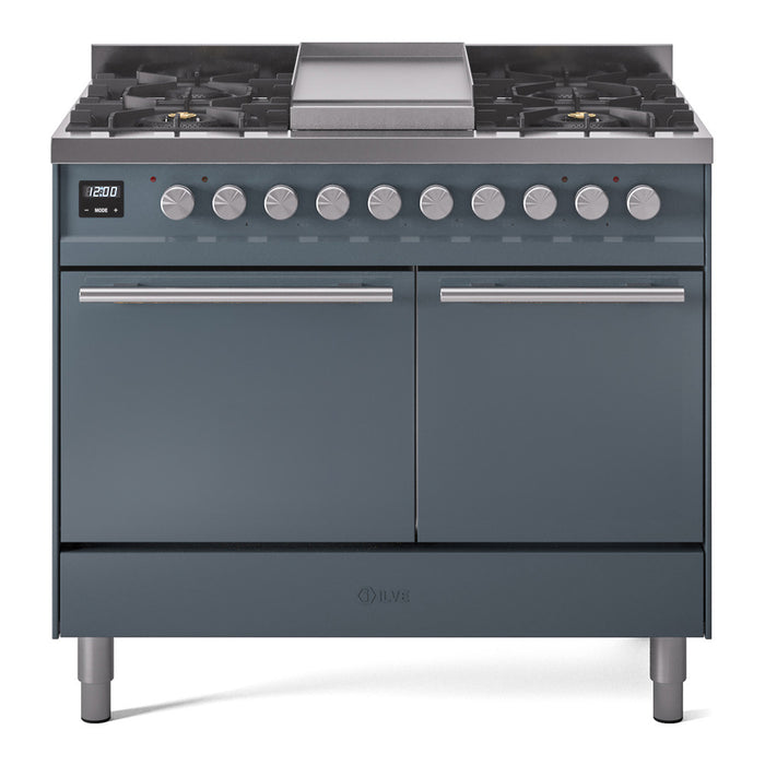 Ilve UPD40FQMPBGLP 40 in Dual Fuel Range, 6 Burner Griddle, Double Oven, Solid Door, Blue Grey, LP