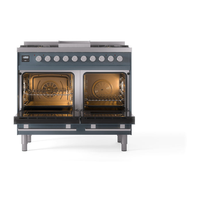 Ilve UPD40FQMPBGLP 40 in Dual Fuel Range, 6 Burner Griddle, Double Oven, Solid Door, Blue Grey, LP