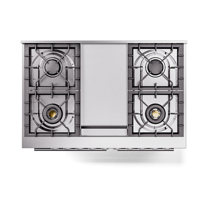 Ilve UPD40FQMPBGLP 40 in Dual Fuel Range, 6 Burner Griddle, Double Oven, Solid Door, Blue Grey, LP