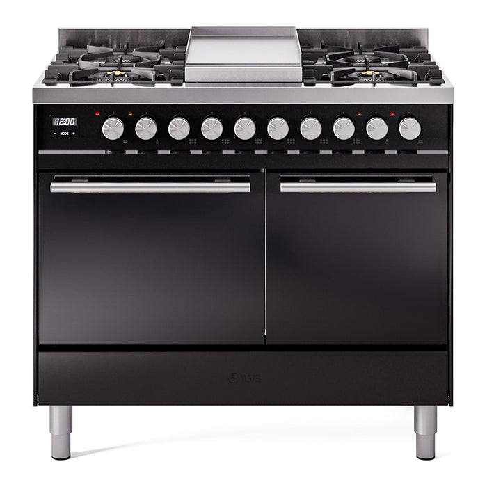Ilve UPD40FQMPBKLP 40 in Dual Fuel Range, 6 Burner Griddle, Double Oven, Solid Door, Glossy Black, LP