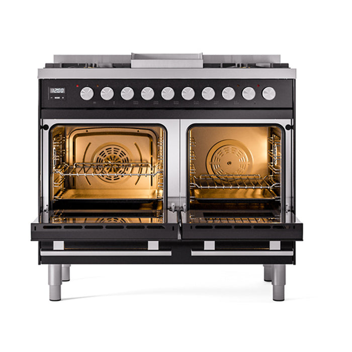 Ilve UPD40FQMPBKLP 40 in Dual Fuel Range, 6 Burner Griddle, Double Oven, Solid Door, Glossy Black, LP