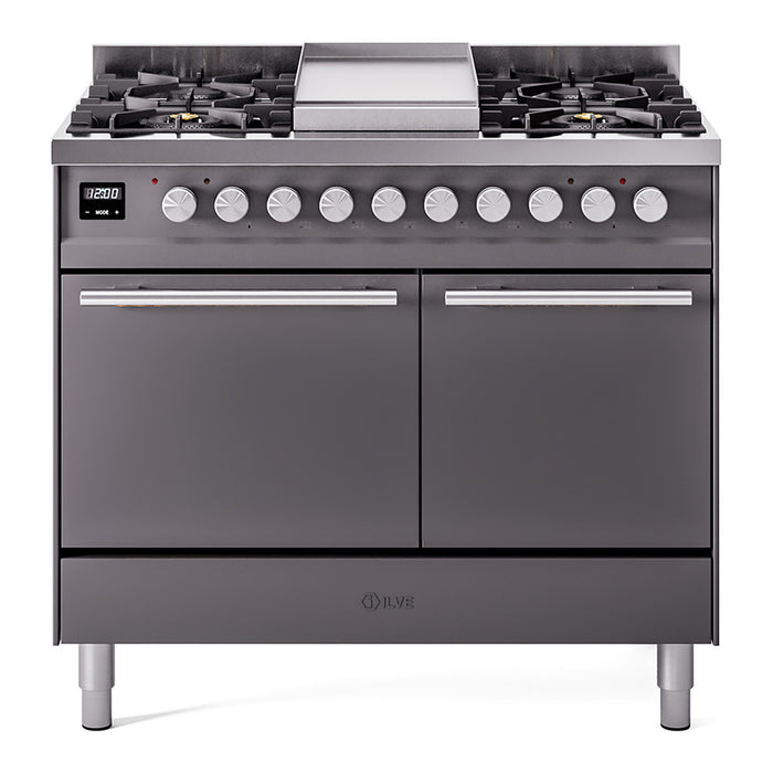 Ilve UPD40FQMPMGLP 40 in Dual Fuel Range, 6 Burner Griddle, Double Oven, Solid Door, Matte Graphite, LP