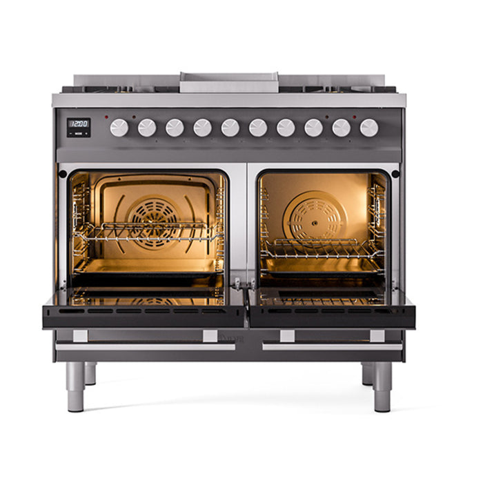 Ilve UPD40FQMPMGLP 40 in Dual Fuel Range, 6 Burner Griddle, Double Oven, Solid Door, Matte Graphite, LP