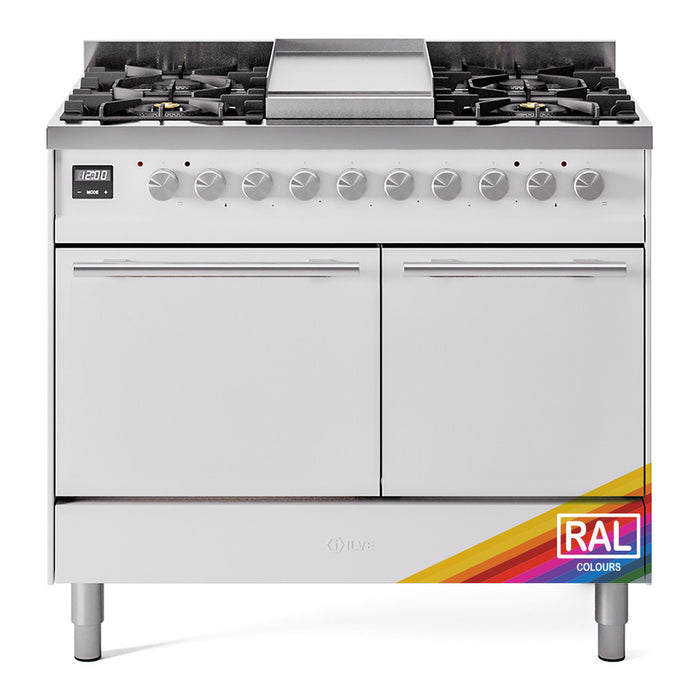 Ilve UPD40FQMPRALP 40 in Dual Fuel Range, 6 Burner Griddle, Double Oven, Solid Door, RAL, LP