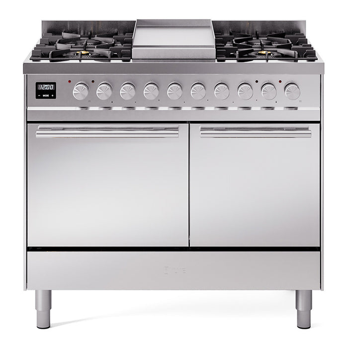 Ilve UPD40FQMPSSLP 40 in Dual Fuel Range, 6 Burner Griddle, Double Oven, Solid Door, Stainless Steel, LP