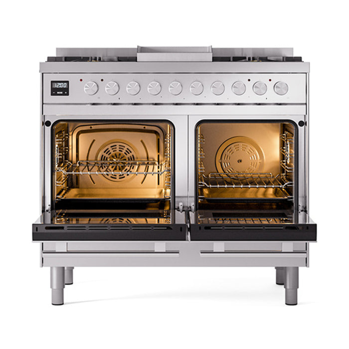 Ilve UPD40FQMPSSLP 40 in Dual Fuel Range, 6 Burner Griddle, Double Oven, Solid Door, Stainless Steel, LP