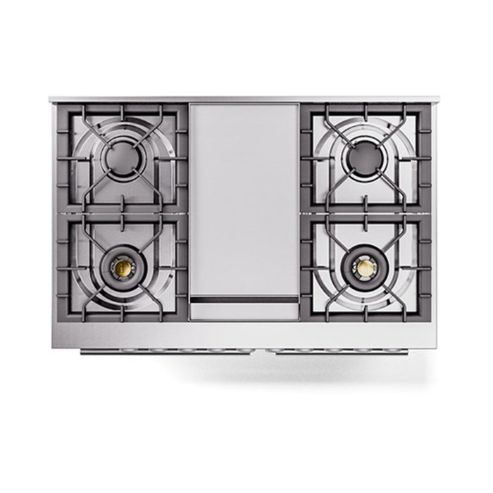 Ilve UPD40FQMPSSLP 40 in Dual Fuel Range, 6 Burner Griddle, Double Oven, Solid Door, Stainless Steel, LP