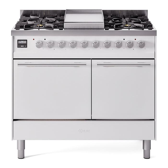 Ilve UPD40FQMPWHLP 40 in Dual Fuel Range, 6 Burner Griddle, Double Oven, Solid Door, White, LP