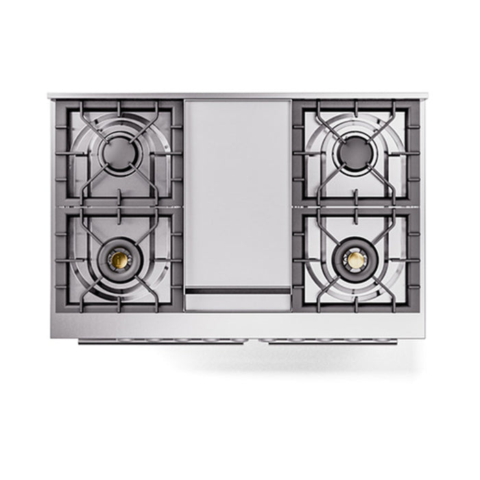 Ilve UPD40FQMPWHLP 40 in Dual Fuel Range, 6 Burner Griddle, Double Oven, Solid Door, White, LP
