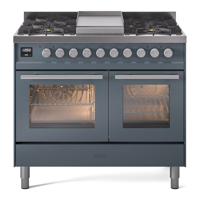 Ilve UPD40FWMPBGLP 40 in Dual Fuel Range, 6 Burner Griddle, Double Oven, Blue Grey, LP