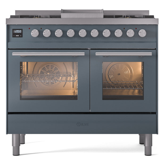 Ilve UPD40FWMPBGLP 40 in Dual Fuel Range, 6 Burner Griddle, Double Oven, Blue Grey, LP
