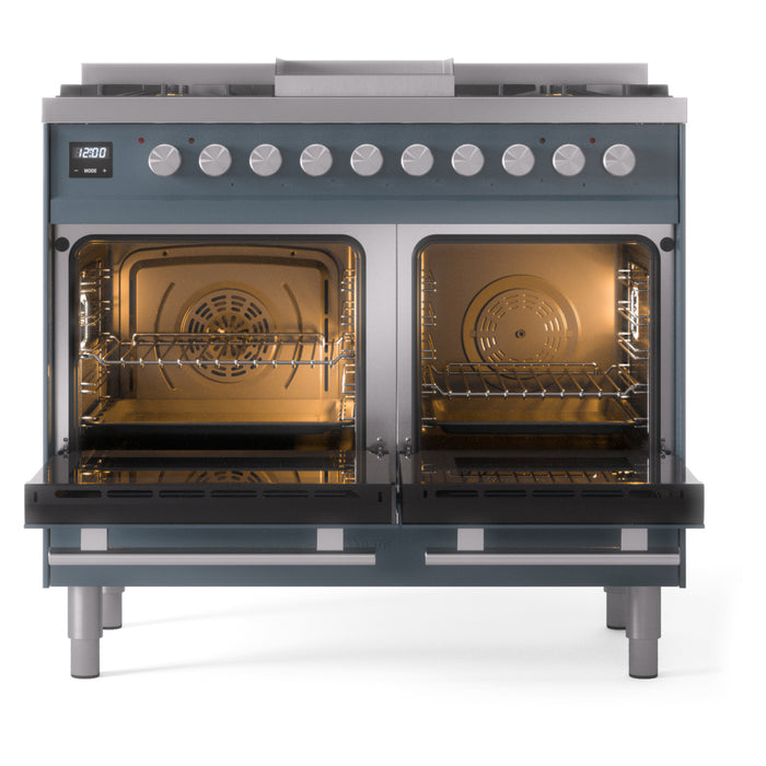 Ilve UPD40FWMPBGLP 40 in Dual Fuel Range, 6 Burner Griddle, Double Oven, Blue Grey, LP
