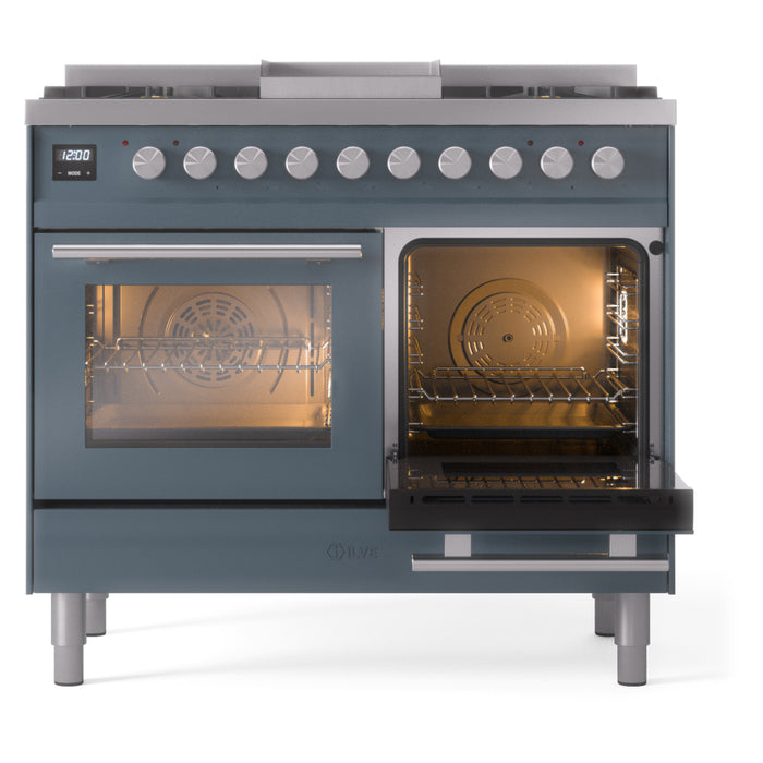 Ilve UPD40FWMPBGLP 40 in Dual Fuel Range, 6 Burner Griddle, Double Oven, Blue Grey, LP