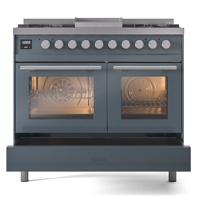 Ilve UPD40FWMPBGLP 40 in Dual Fuel Range, 6 Burner Griddle, Double Oven, Blue Grey, LP
