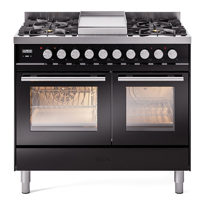 Ilve UPD40FWMPBKLP 40 in Dual Fuel Range, 6 Burner Griddle, Double Oven, Glossy Black, LP