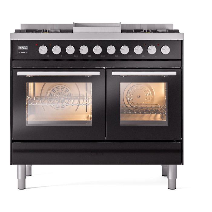 Ilve UPD40FWMPBKLP 40 in Dual Fuel Range, 6 Burner Griddle, Double Oven, Glossy Black, LP