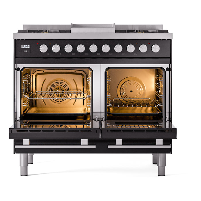 Ilve UPD40FWMPBKLP 40 in Dual Fuel Range, 6 Burner Griddle, Double Oven, Glossy Black, LP