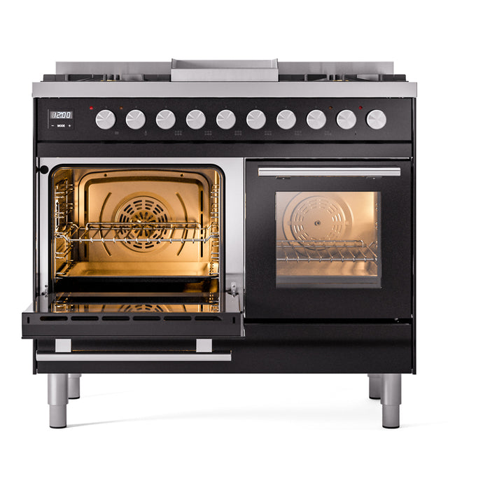 Ilve UPD40FWMPBKLP 40 in Dual Fuel Range, 6 Burner Griddle, Double Oven, Glossy Black, LP