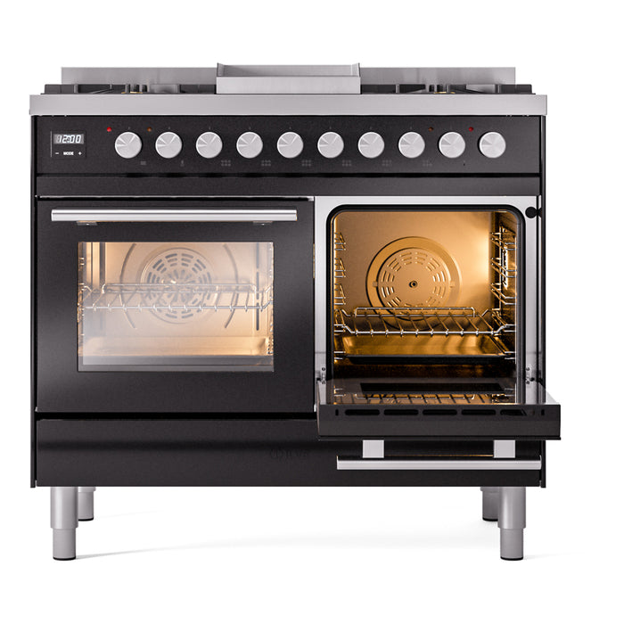 Ilve UPD40FWMPBKLP 40 in Dual Fuel Range, 6 Burner Griddle, Double Oven, Glossy Black, LP
