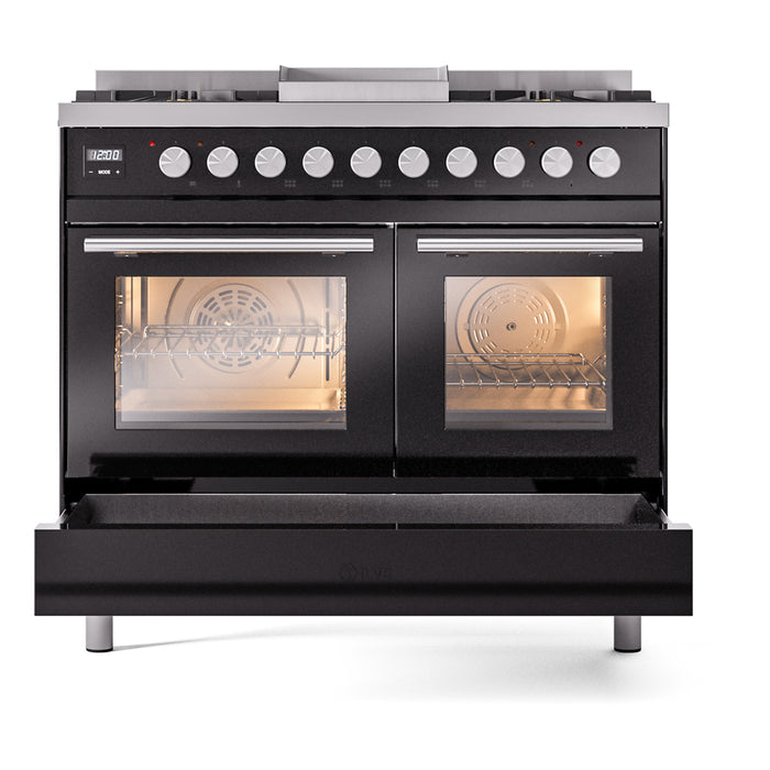 Ilve UPD40FWMPBKLP 40 in Dual Fuel Range, 6 Burner Griddle, Double Oven, Glossy Black, LP