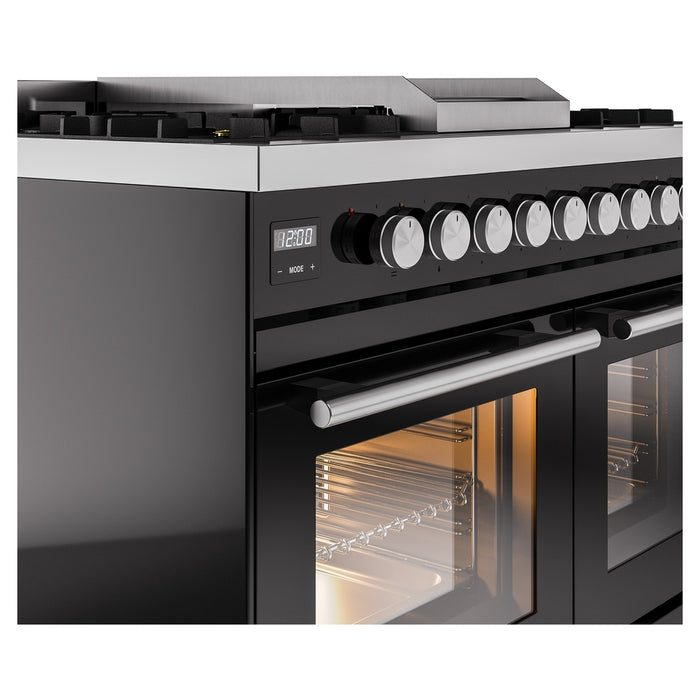 Ilve UPD40FWMPBKLP 40 in Dual Fuel Range, 6 Burner Griddle, Double Oven, Glossy Black, LP