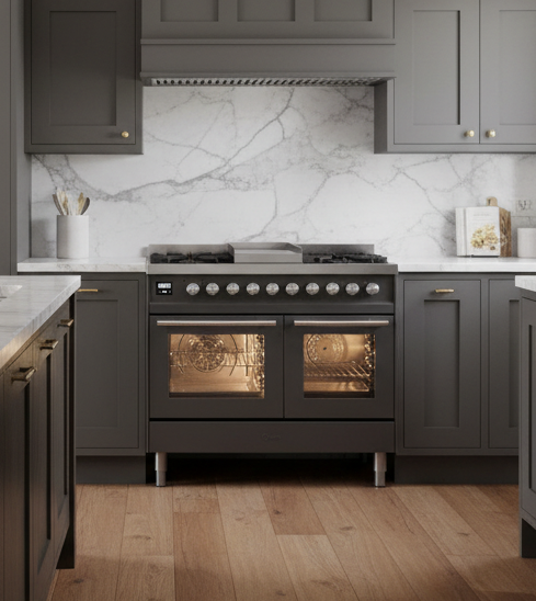 Ilve UPD40FWMPMGLP Professional Plus II 40 in Freestanding Dual Fuel Range, 6 Burner with Griddle, Double Oven, Matte Graphite, Liquid Propane
