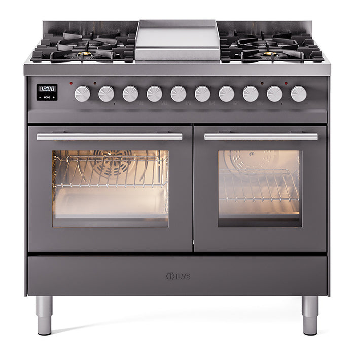 Ilve UPD40FWMPMGLP Professional Plus II 40 in Freestanding Dual Fuel Range, 6 Burner with Griddle, Double Oven, Matte Graphite, Liquid Propane